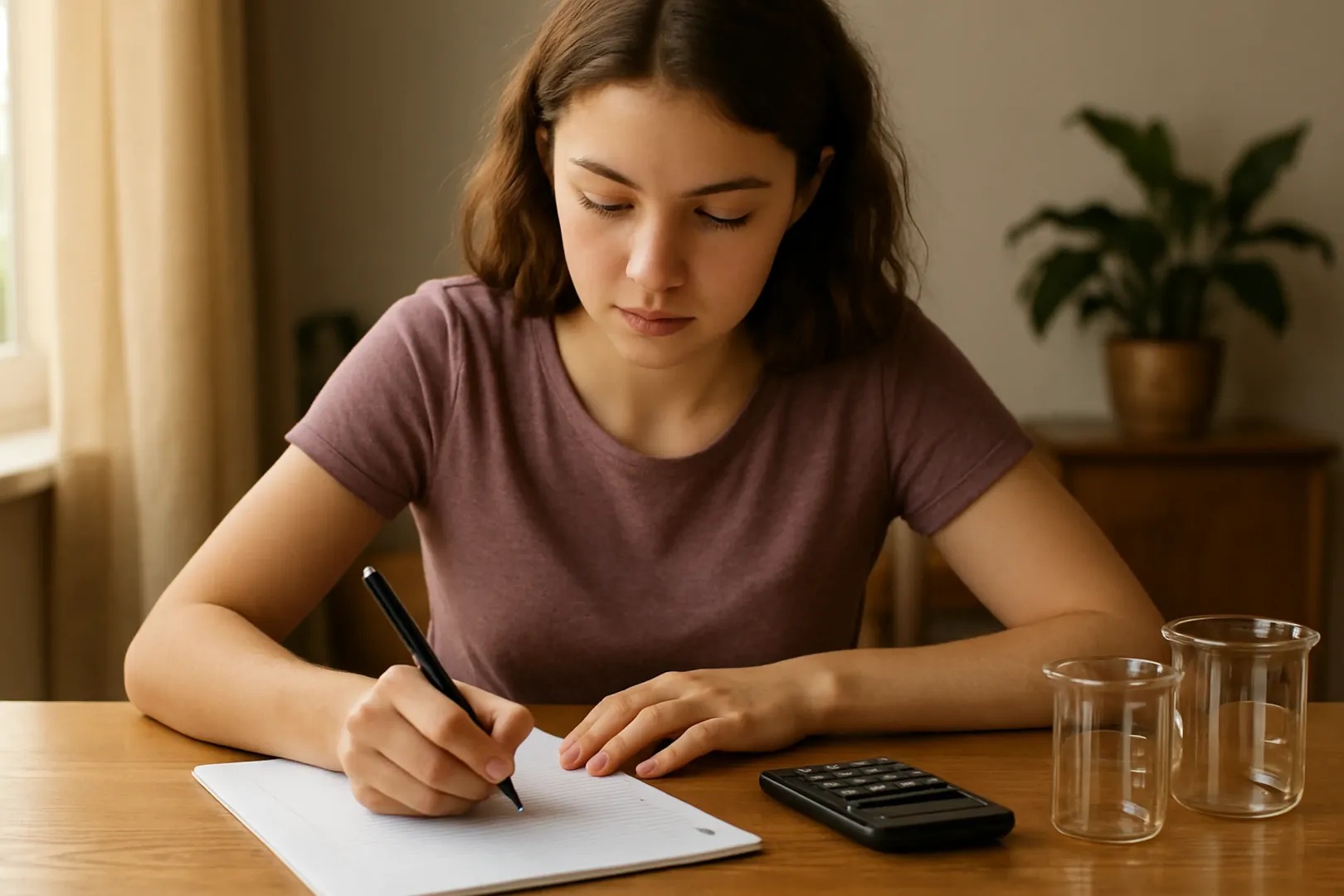 Estudante resolvendo exercícios de química para o Enem na mesa de estudos