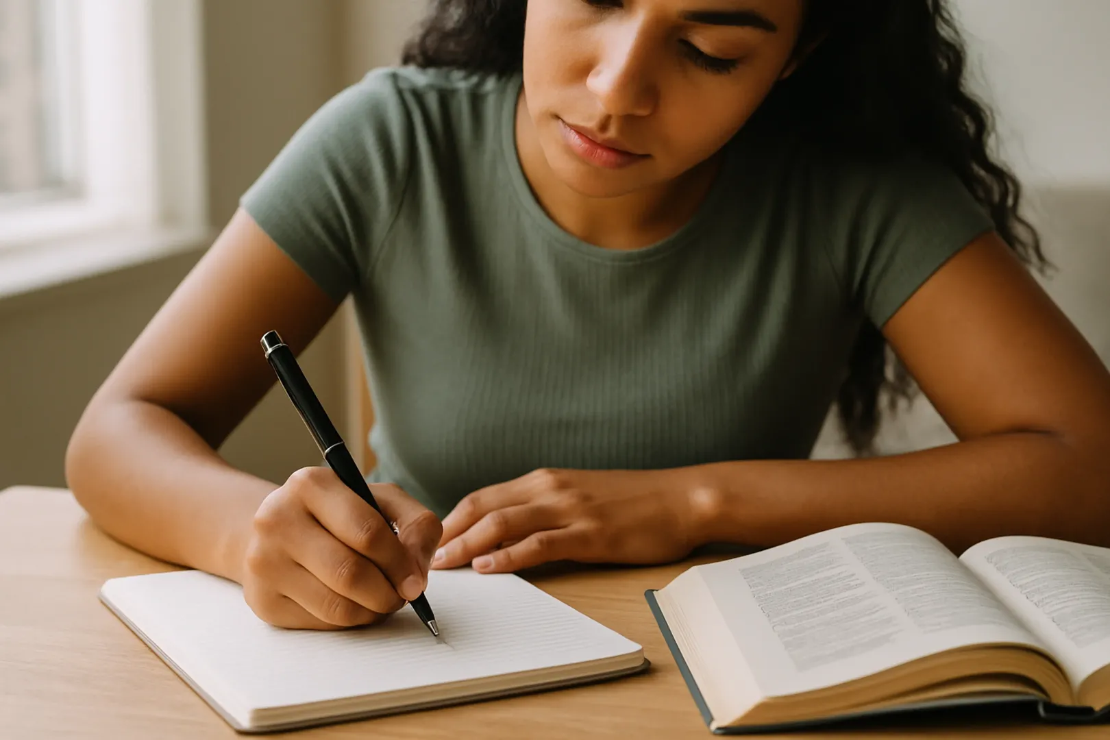 Candidata escrevendo à mão em caderno durante estudo de regência verbal para concurso
