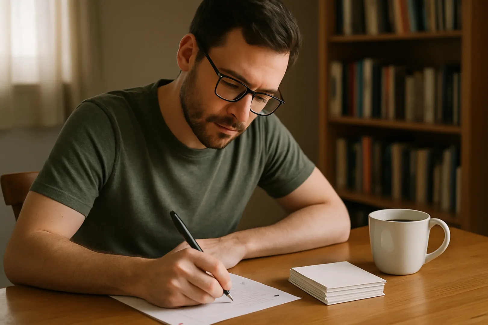Mesa de estudos com fichas de repertório para redação de concurso organizadas