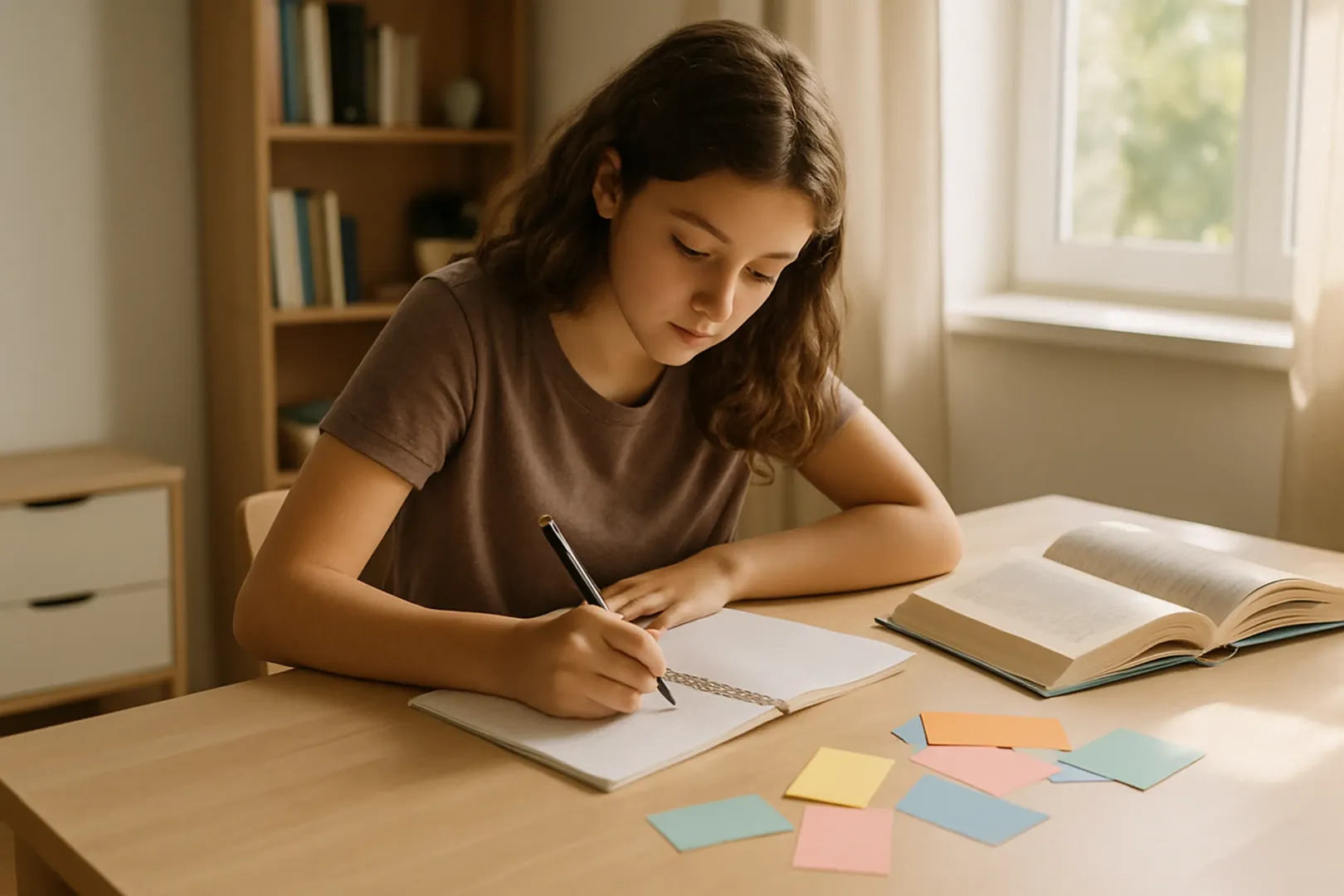 Estudante escrevendo redação do Enem à mão com livros e fichas de repertório na mesa.