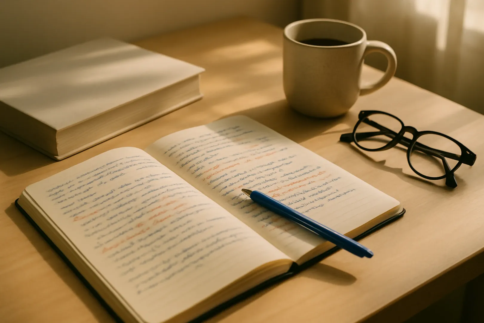Mesa de estudos com caderno de resumo escrito à mão e material de concurso fechado ao lado