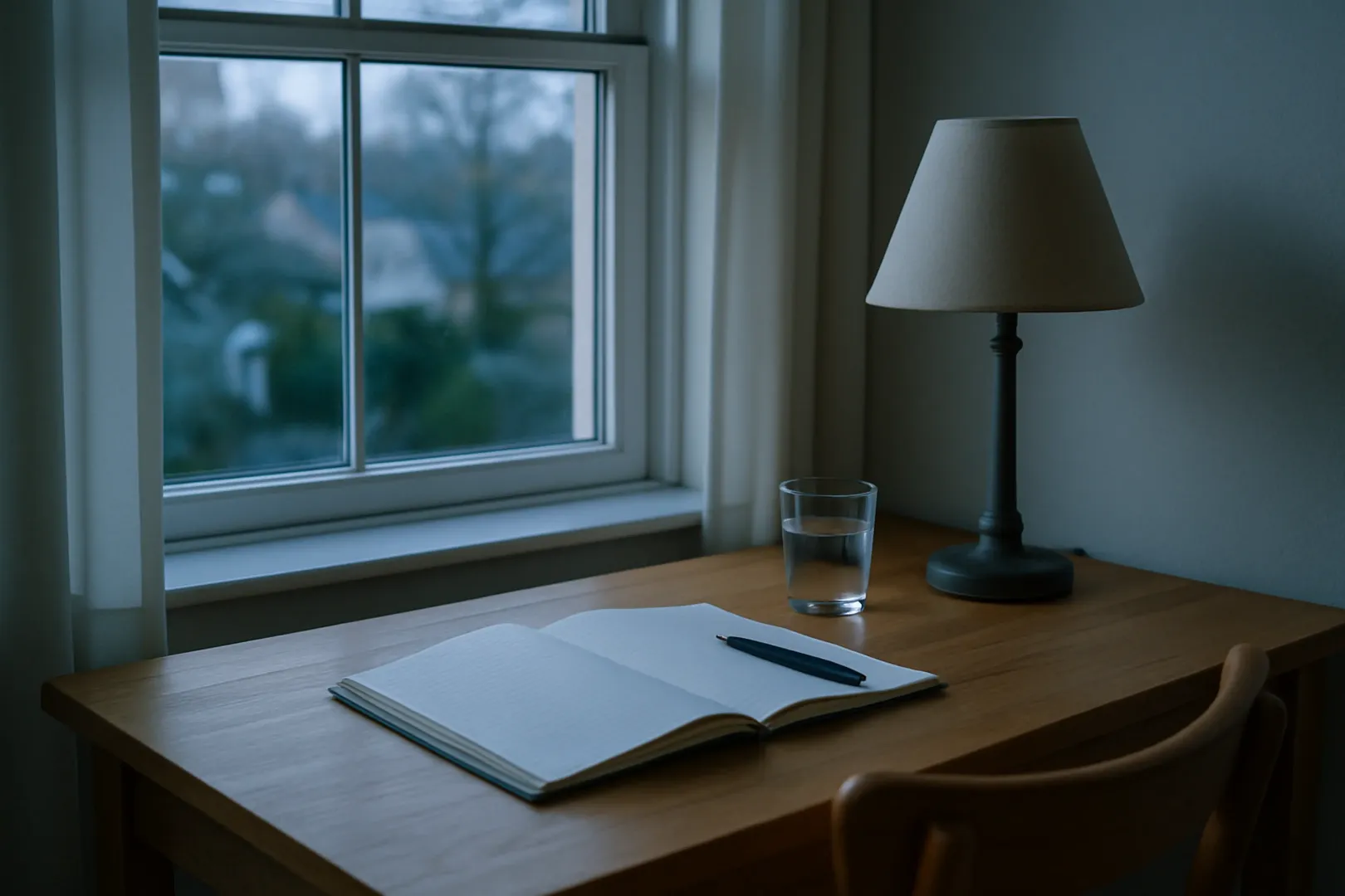 Mesa de estudo organizada ao amanhecer com caderno aberto e caneta para estudo de concurso