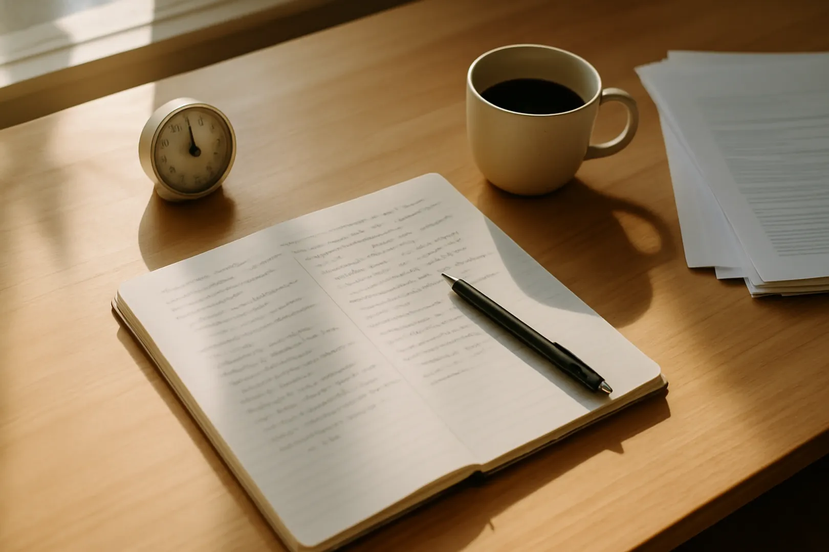 Mesa de estudo organizada com cronômetro, caderno e material de concurso