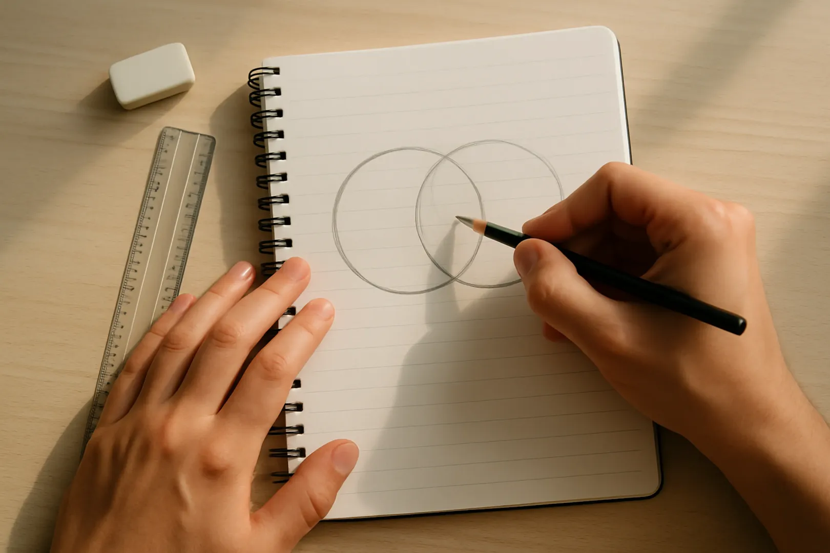 Candidato resolvendo exercício de teoria dos conjuntos com diagrama de Venn desenhado no caderno