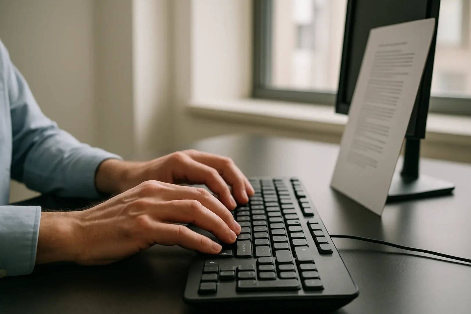 Mãos digitando em teclado ao lado de folha impressa apoiada em suporte