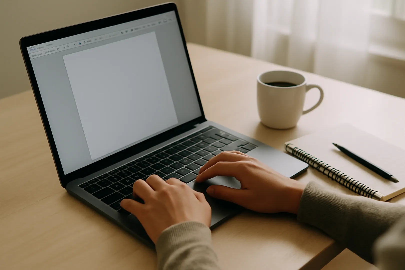 Mesa de estudo com notebook aberto em editor de texto para prova de informática