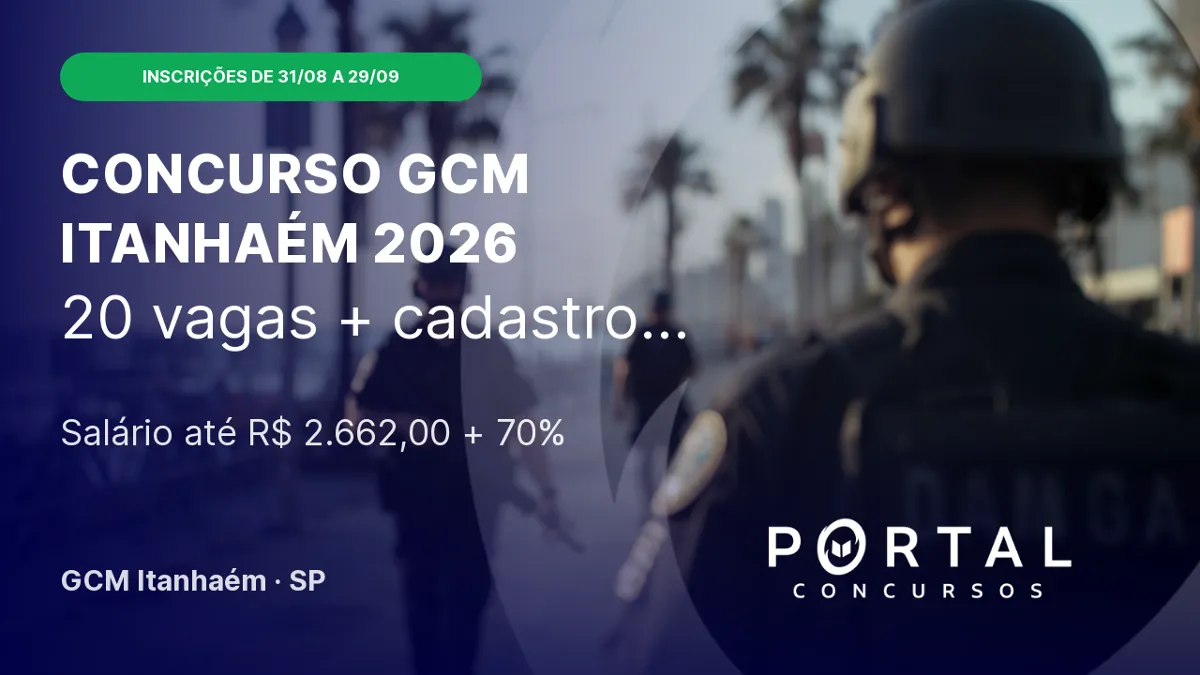 Concurso Itanhaém 2026: edital com 20 vagas para GCM e salário acima de R$ 4,5 mil