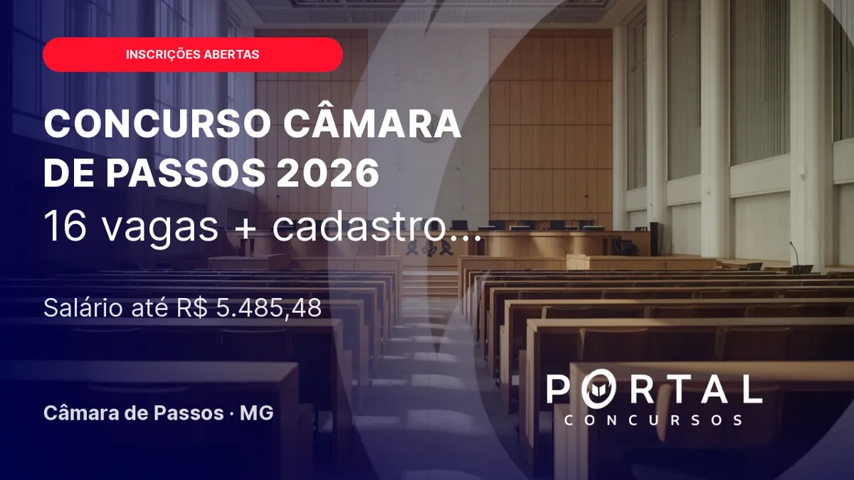 Concurso Câmara de Passos (MG) 2026: 16 vagas + CR e até R$ 5,4 mil