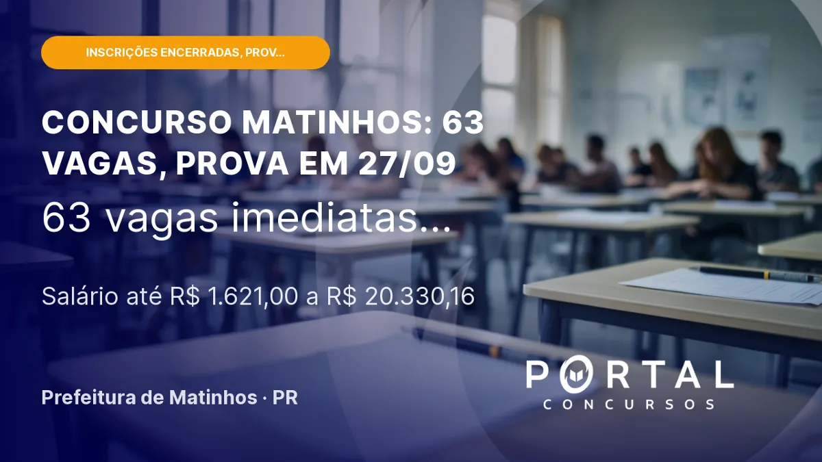 Concurso Matinhos (PR) 2026: 63 vagas e salários de até R$20 mil, provas em 27 de setembro!